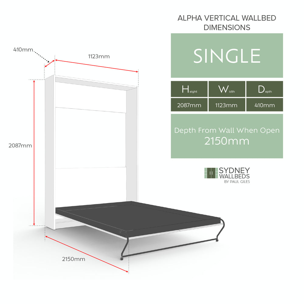 Alpha Wallbed Vertical – Single dimensions drawing