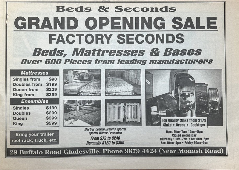 Beds & Seconds Grand Opening Sale newspaper ad, The Weekly Times, 17 June 1998