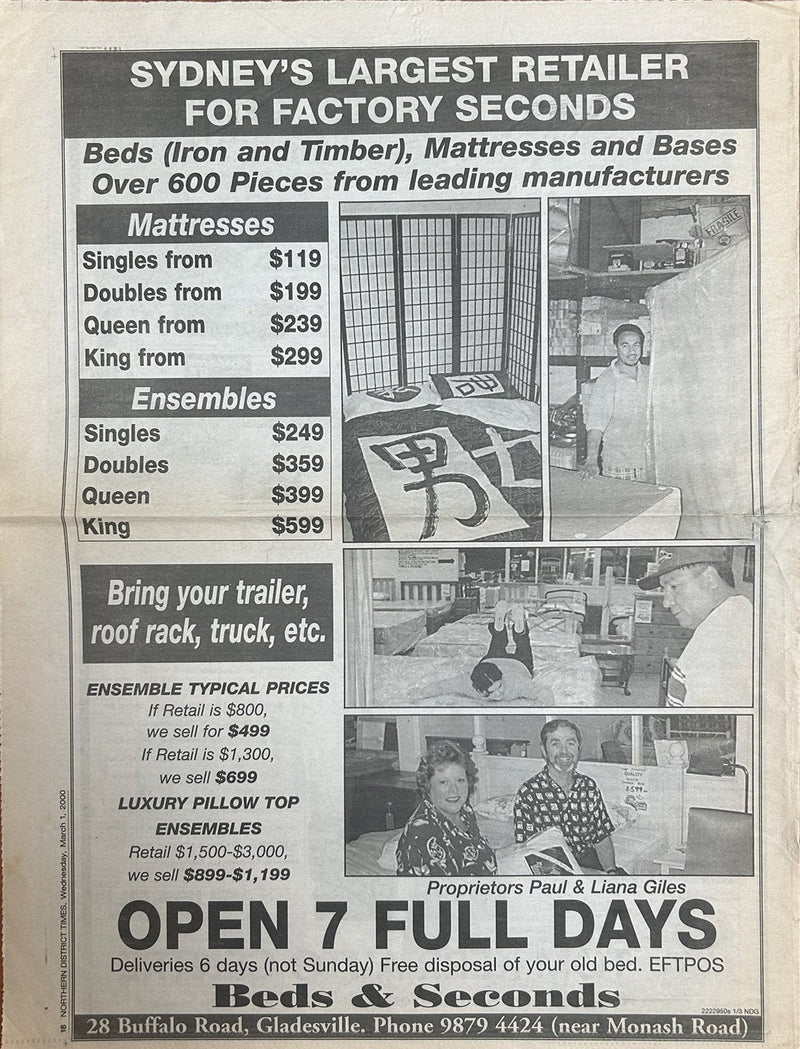 Beds & Seconds full page newspaper ad featuring proprietors Paul and Liana Giles, Northern District Times, 1 March 2000