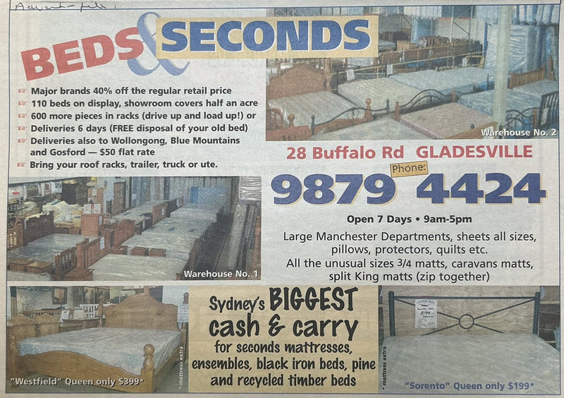 Beds & Seconds half page colour newspaper ad showing Warehouse No. 1 and Warehouse No. 2 at 28 Buffalo Rd Gladesville