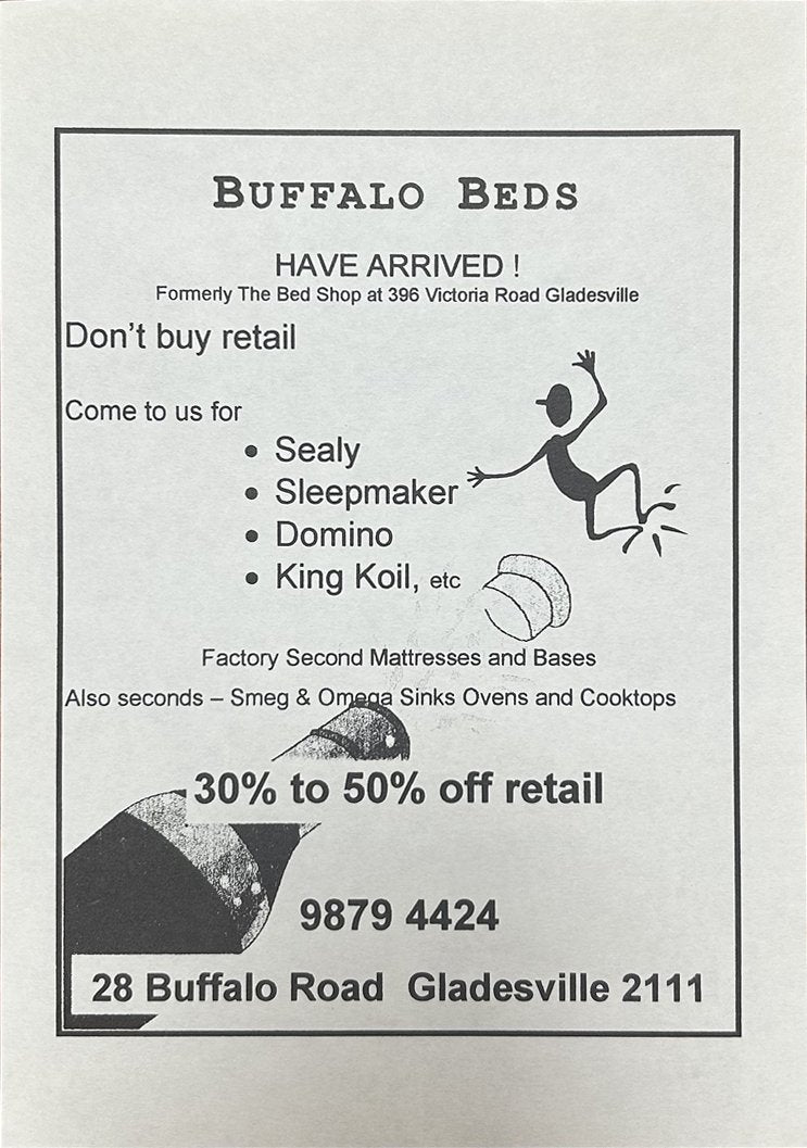 Buffalo Beds Have Arrived flyer, 28 Buffalo Road Gladesville, formerly The Bed Shop at 396 Victoria Road