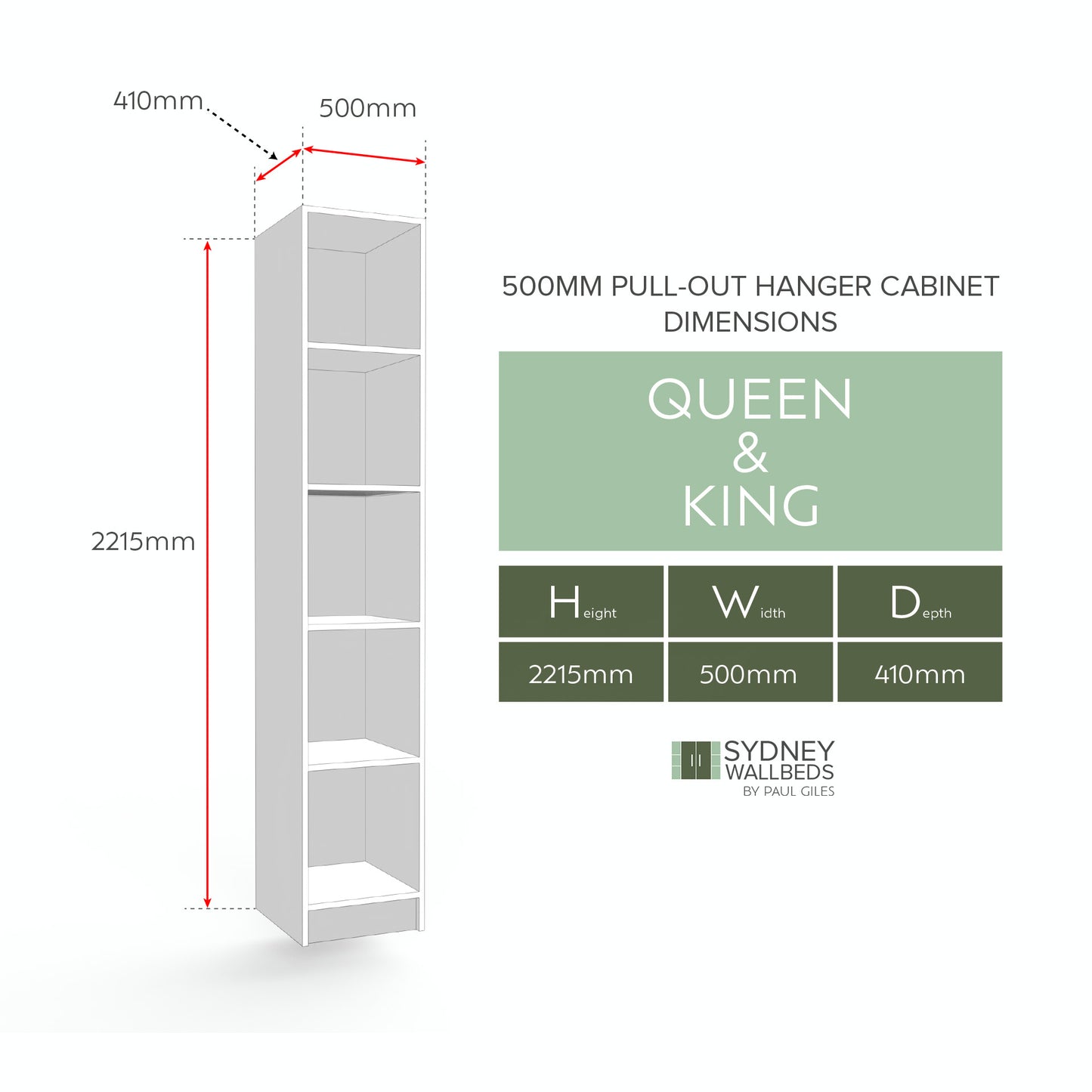 PULL-OUT HANGING CABINETS 500mm - Alpha WallBed - (Modern Colour Range)