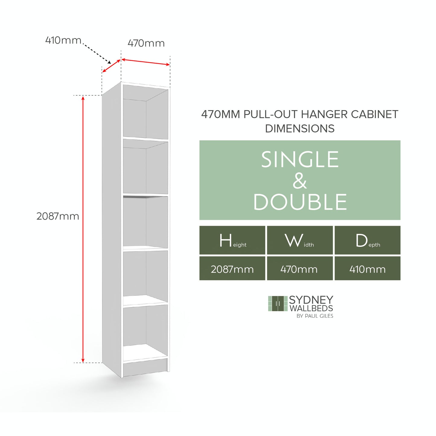 PULL-OUT HANGING CABINETS 470mm - Alpha WallBed - (Modern Colour Range)